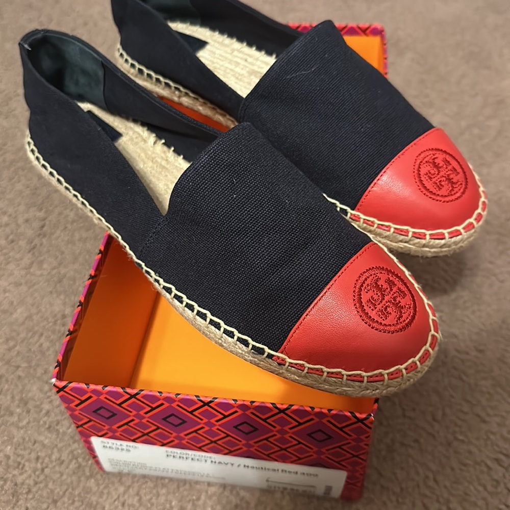 Tory Burch Recycled Canvas Leather Navy Red Color Block Espadrille Shoes - Picture 12 of 15